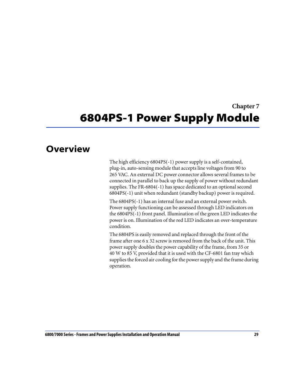 6804ps-1 power supply module, Overview, Chapter 7: 6804ps-1 power supply module | Harris Performance 7000 User Manual | Page 55 / 76