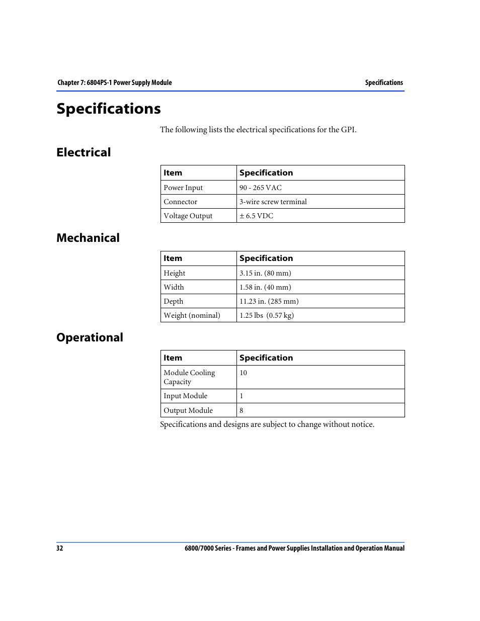 Specifications, Electrical, Mechanical | Operational, Electrical mechanical operational | Harris Performance 7000 User Manual | Page 58 / 76