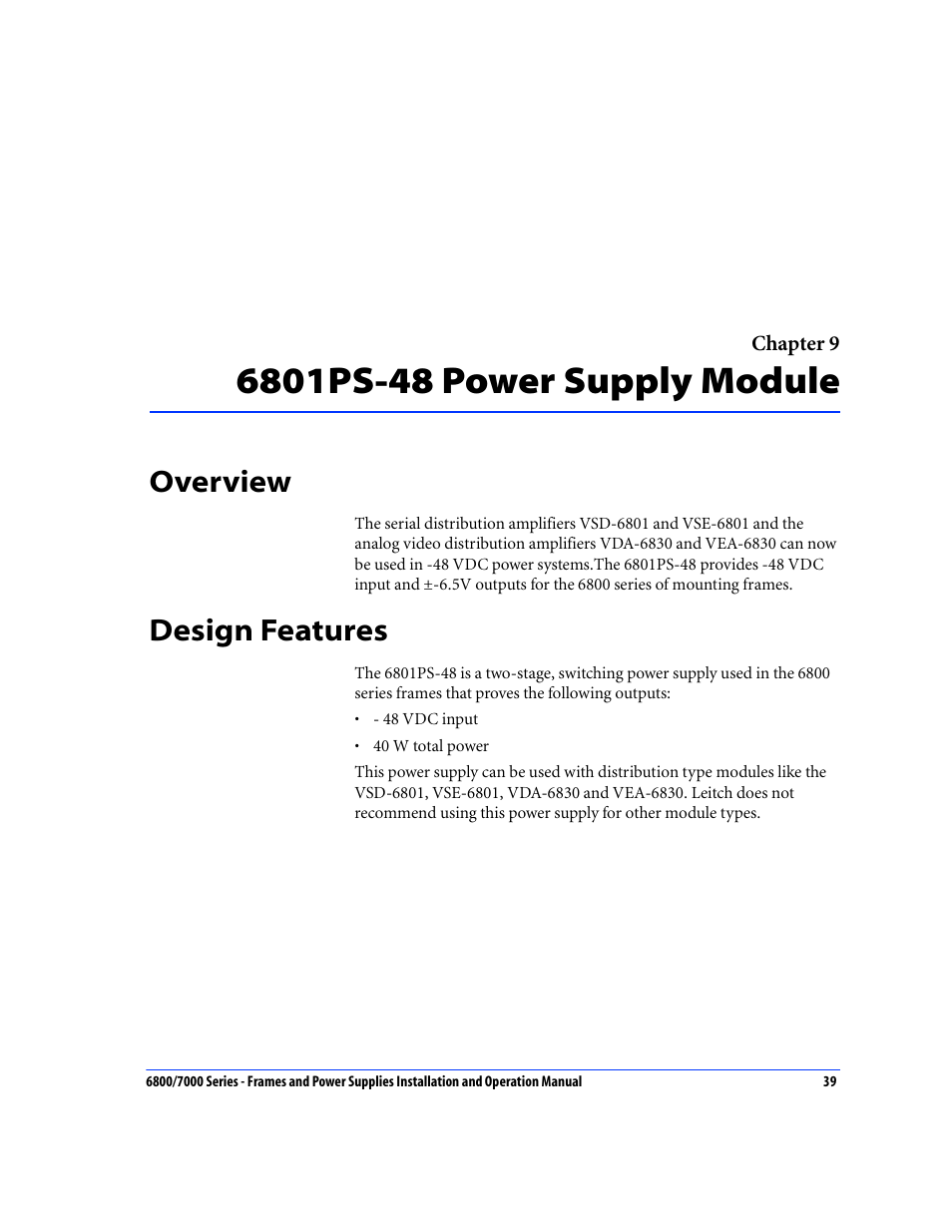 6801ps-48 power supply module, Overview, Design features | Chapter 9: 6801ps-48 power supply module, Overview design features | Harris Performance 7000 User Manual | Page 65 / 76