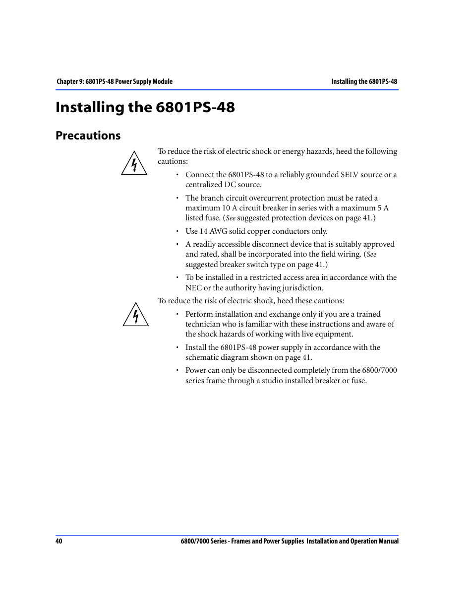 Installing the 6801ps-48, Precautions | Harris Performance 7000 User Manual | Page 66 / 76