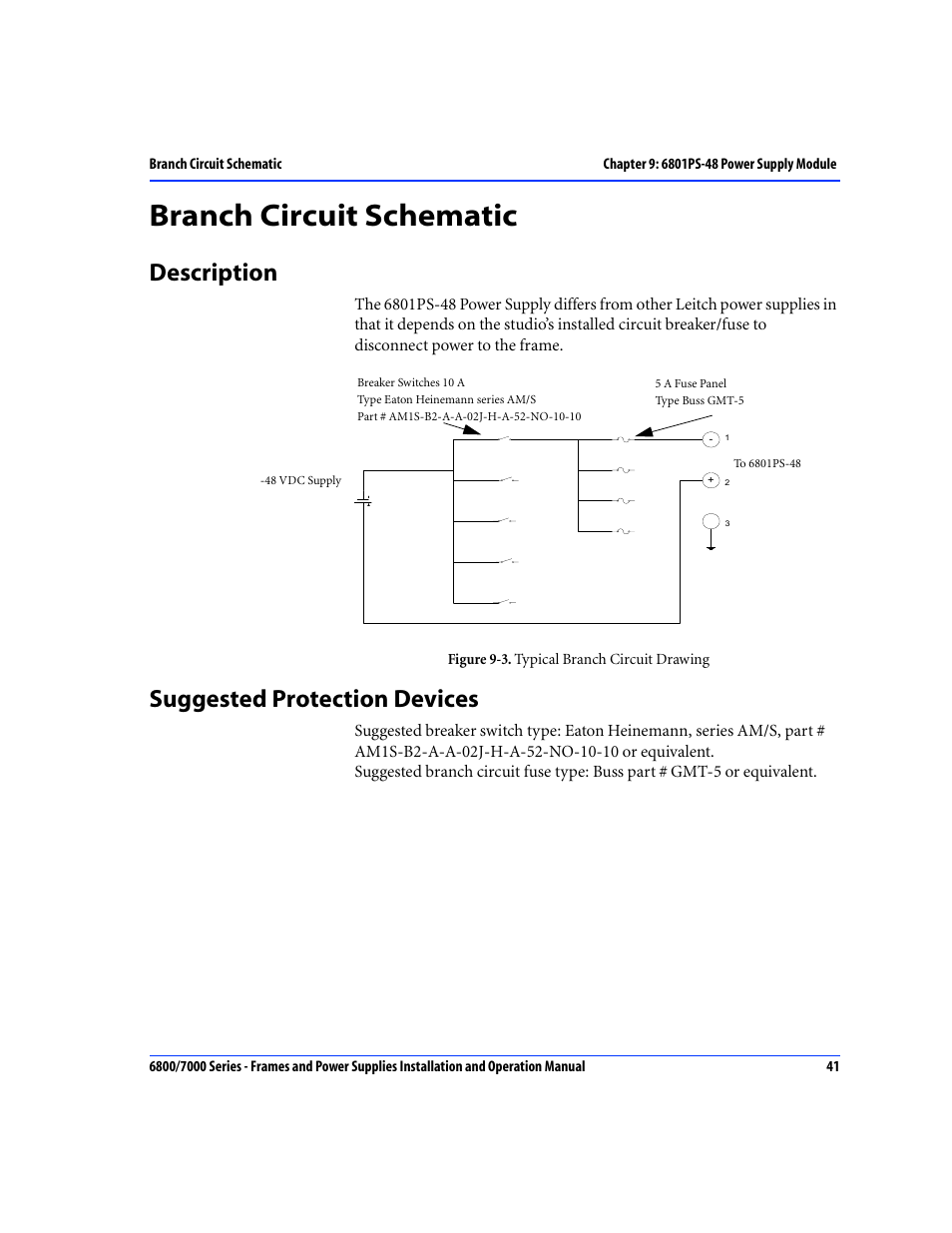 Branch circuit schematic, Description, Suggested protection devices | Description suggested protection devices | Harris Performance 7000 User Manual | Page 67 / 76