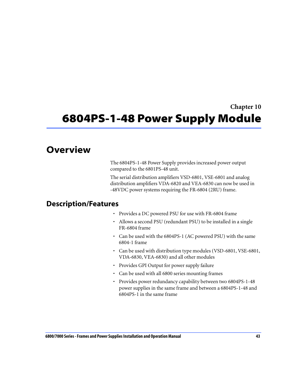 6804ps-1-48 power supply module, Overview, Description/features | Chapter 10: 6804ps-1-48 power supply module | Harris Performance 7000 User Manual | Page 69 / 76