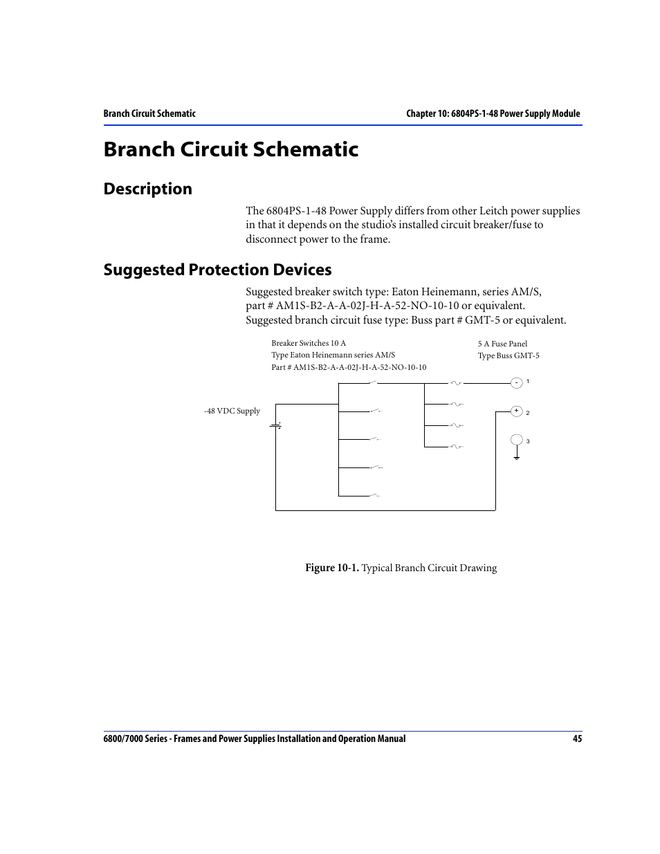 Branch circuit schematic, Description, Suggested protection devices | Description suggested protection devices | Harris Performance 7000 User Manual | Page 71 / 76