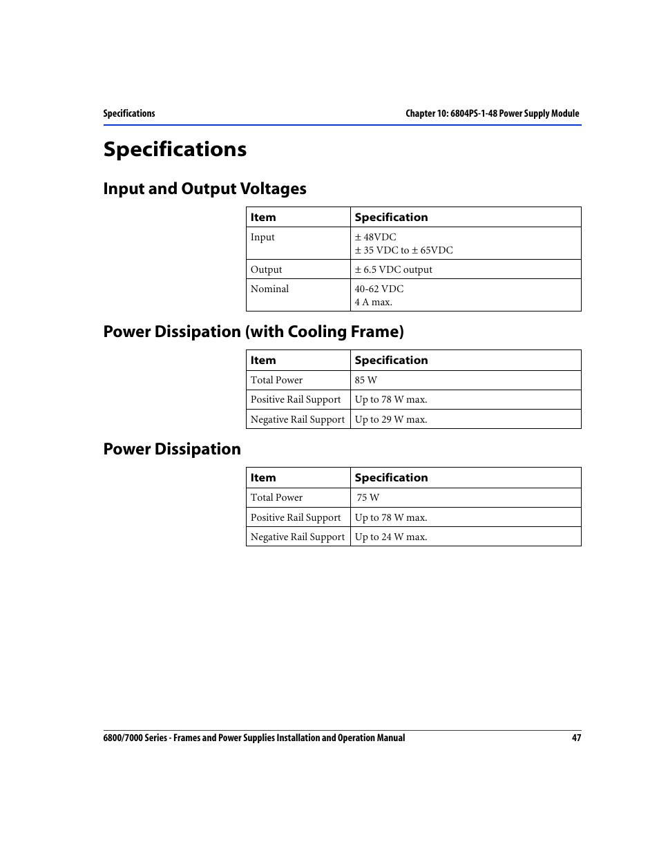 Specifications, Input and output voltages, Power dissipation (with cooling frame) | Power dissipation | Harris Performance 7000 User Manual | Page 73 / 76