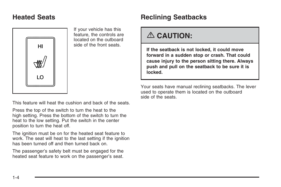 Heated seats, Reclining seatbacks, Heated seats -4 reclining seatbacks -4 | Caution | Hummer 2006 H3 User Manual | Page 10 / 420