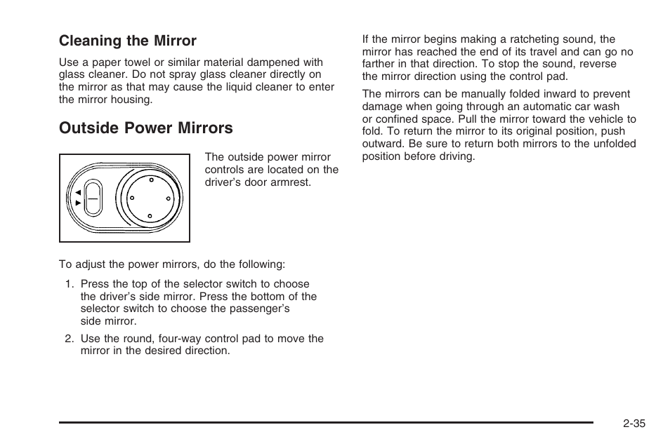 Outside power mirrors, Outside power mirrors -35, Cleaning the mirror | Hummer 2006 H3 User Manual | Page 111 / 420