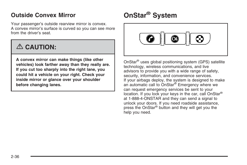Outside convex mirror, Onstar® system, Onstar | System, Outside convex mirror -36, System -36, Caution | Hummer 2006 H3 User Manual | Page 112 / 420
