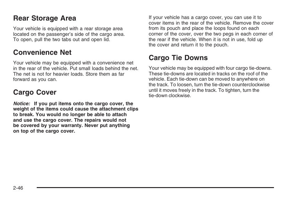 Rear storage area, Convenience net, Cargo cover | Cargo tie downs | Hummer 2006 H3 User Manual | Page 122 / 420