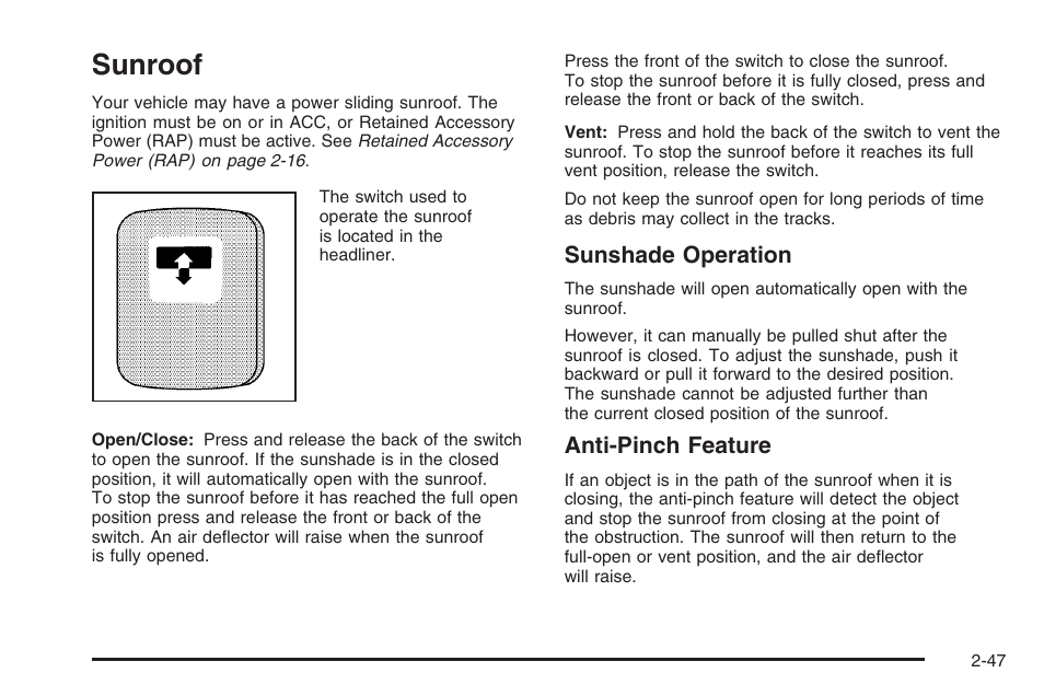 Sunroof, Sunroof -47, Sunshade operation | Anti-pinch feature | Hummer 2006 H3 User Manual | Page 123 / 420