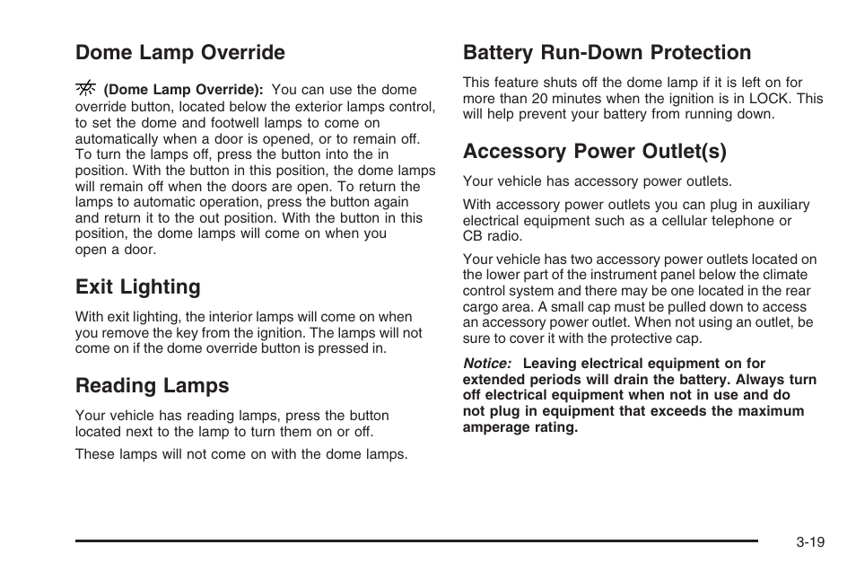 Dome lamp override, Exit lighting, Reading lamps | Battery run-down protection, Accessory power outlet(s), Accessory power, Outlet(s) | Hummer 2006 H3 User Manual | Page 143 / 420