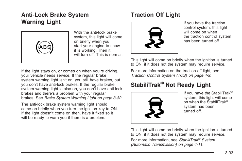 Anti-lock brake system warning light, Traction off light, Stabilitrak® not ready light | Not ready light -33, Stabilitrak, Not ready light | Hummer 2006 H3 User Manual | Page 157 / 420