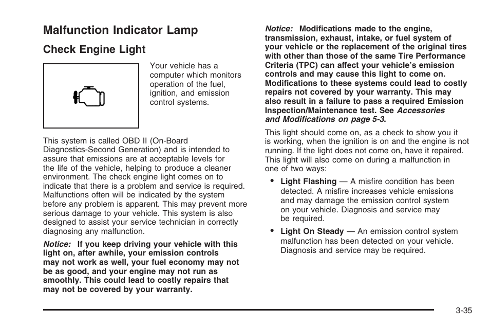 Malfunction indicator lamp, Malfunction indicator lamp -35, Check engine light | Hummer 2006 H3 User Manual | Page 159 / 420
