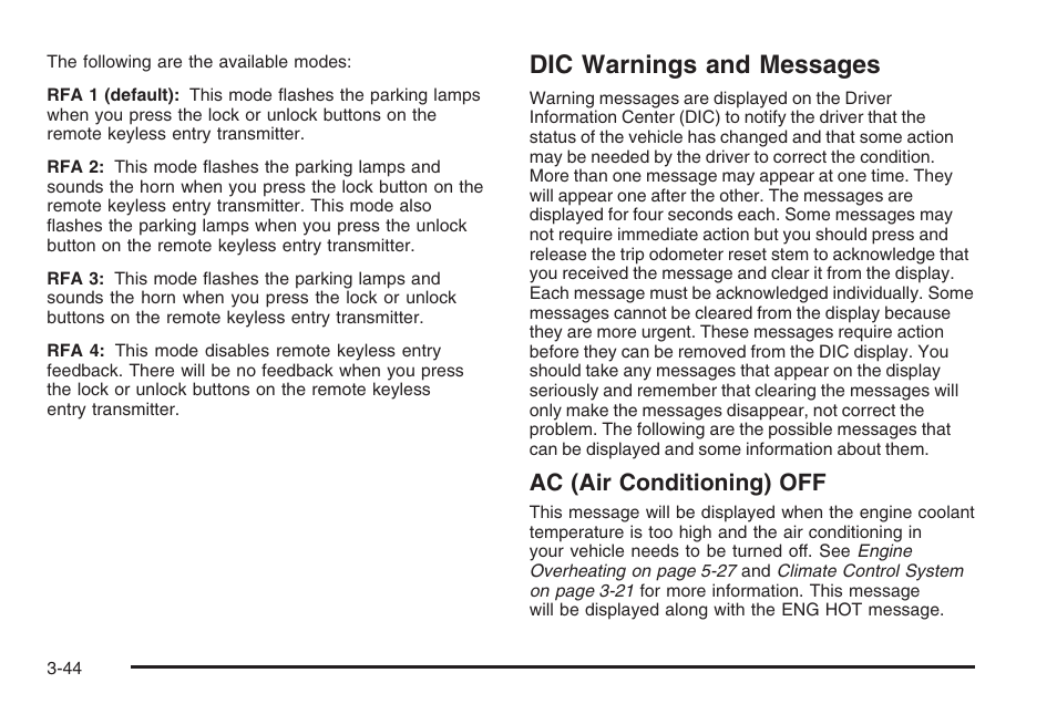 Dic warnings and messages, Dic warnings and messages -44, Ac (air conditioning) off | Hummer 2006 H3 User Manual | Page 168 / 420