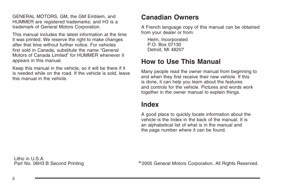 Canadian owners, How to use this manual, Index | Hummer 2006 H3 User Manual | Page 2 / 420