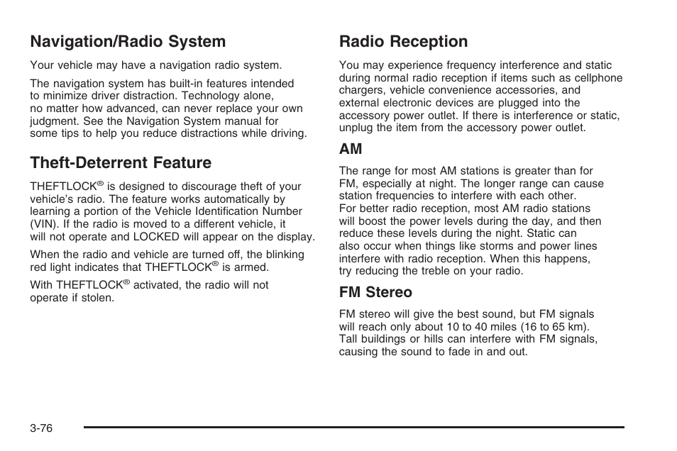 Navigation/radio system, Theft-deterrent feature, Radio reception | Fm stereo | Hummer 2006 H3 User Manual | Page 200 / 420