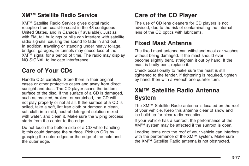 Care of your cds, Care of the cd player, Fixed mast antenna | Xm™ satellite radio antenna system | Hummer 2006 H3 User Manual | Page 201 / 420