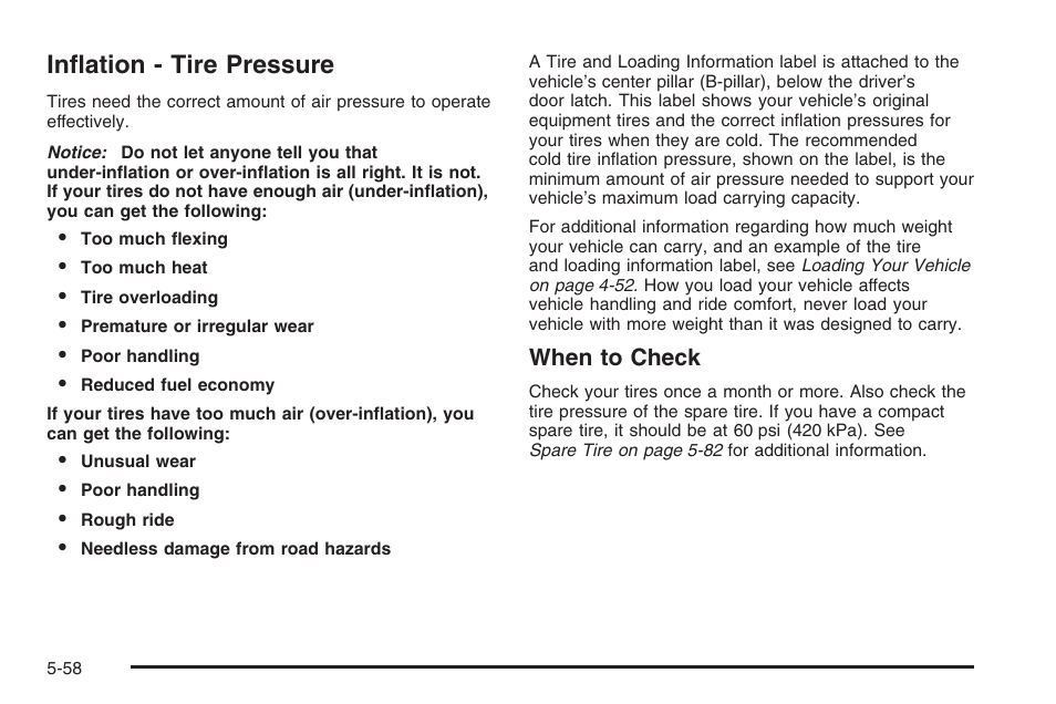 Inflation - tire pressure, Inflation - tire pressure -58, When to check | Hummer 2006 H3 User Manual | Page 330 / 420