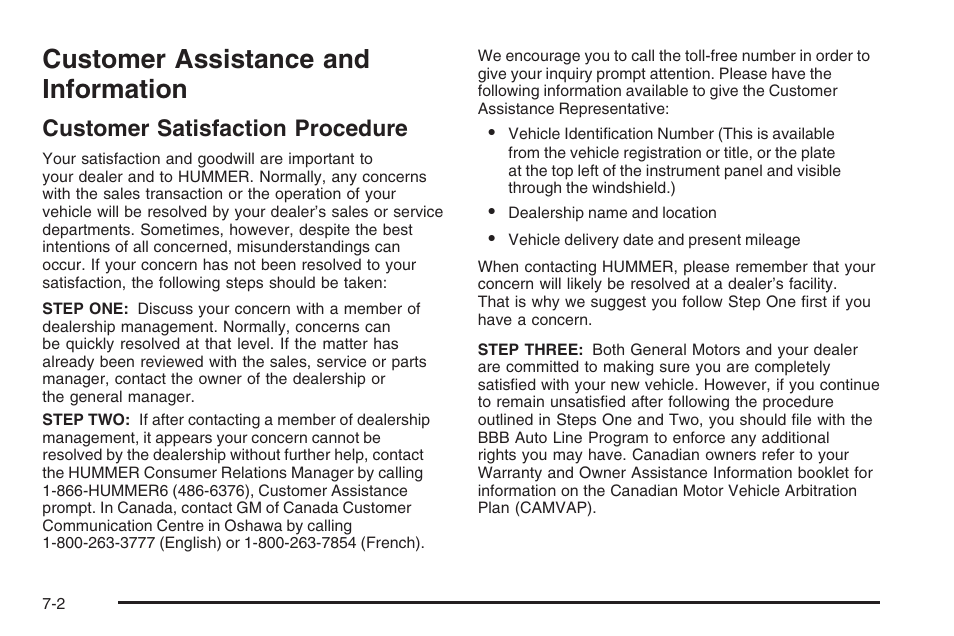 Customer assistance and information, Customer satisfaction procedure, Customer assistance and information -2 | Customer satisfaction procedure -2 | Hummer 2006 H3 User Manual | Page 392 / 420