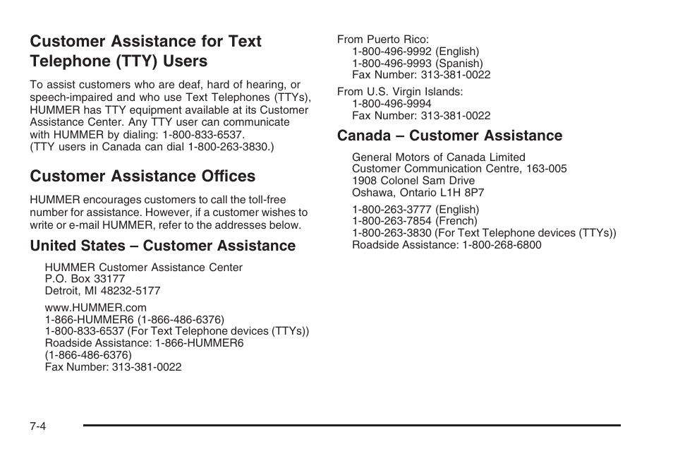 Customer assistance for text telephone (tty) users, Customer assistance offices, Customer assistance for text | Telephone (tty) users -4, Customer assistance offices -4 | Hummer 2006 H3 User Manual | Page 394 / 420