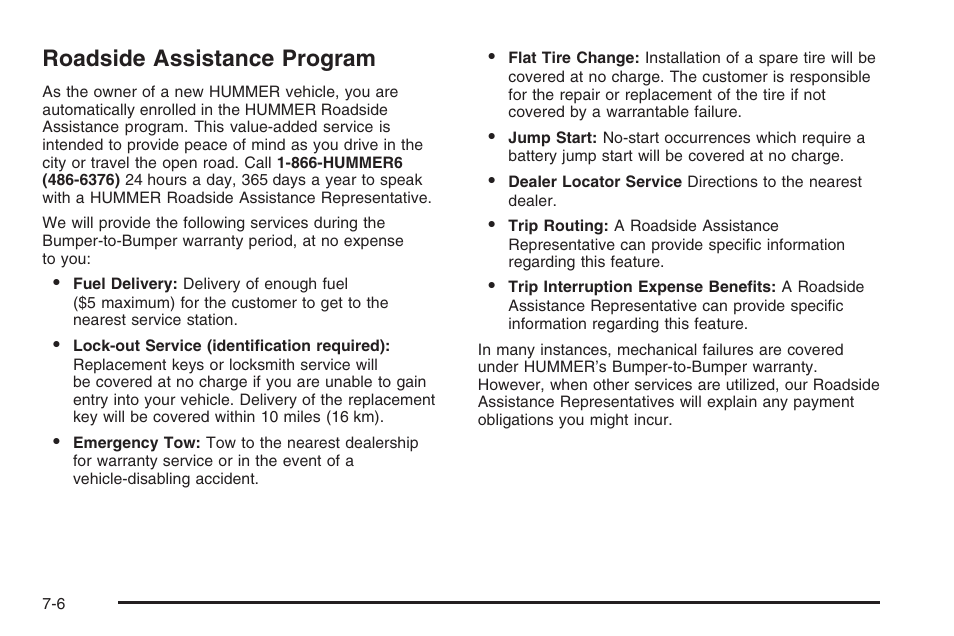 Roadside assistance program, Roadside assistance program -6 | Hummer 2006 H3 User Manual | Page 396 / 420