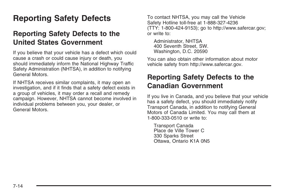 Reporting safety defects, Reporting safety defects -14, Reporting safety defects to the | United states government -14, Canadian government -14 | Hummer 2006 H3 User Manual | Page 404 / 420