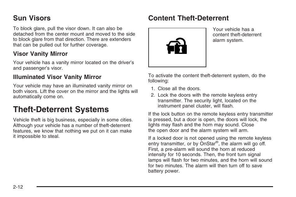 Sun visors, Theft-deterrent systems, Content theft-deterrent | Sun visors -12, Theft-deterrent systems -12, Content theft-deterrent -12 | Hummer 2006 H3 User Manual | Page 88 / 420