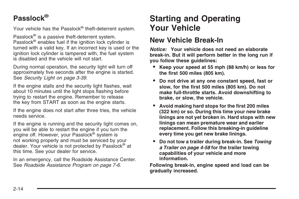 Passlock, Starting and operating your vehicle, New vehicle break-in | Starting and operating your vehicle -14, New vehicle break-in -14 | Hummer 2006 H3 User Manual | Page 90 / 420