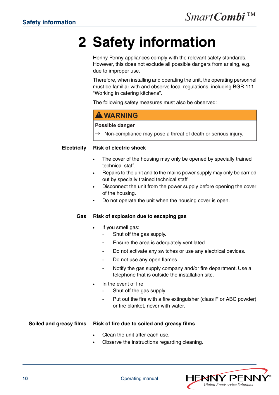 2 safety information, Smart combi, Warning | Safety information | Henny Penny SMART COMBI FM05-061-A User Manual | Page 10 / 80