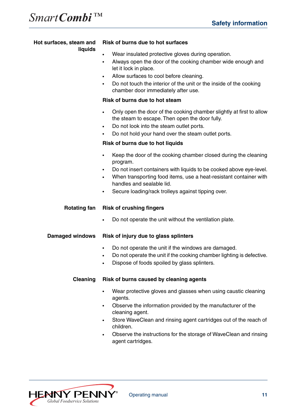 Smart combi, Safety information | Henny Penny SMART COMBI FM05-061-A User Manual | Page 11 / 80