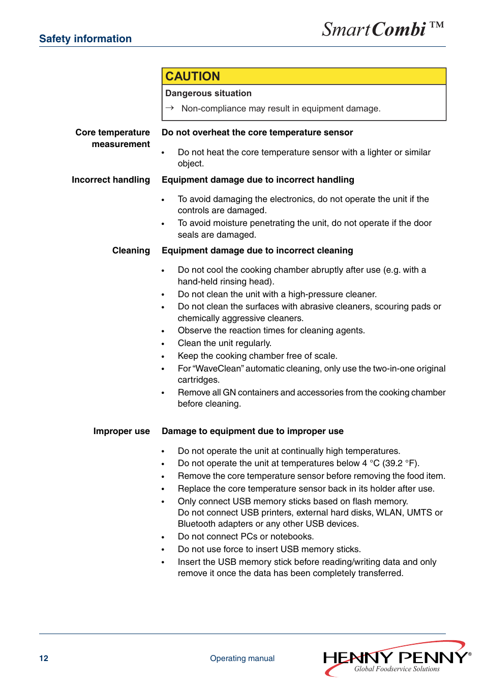 Smart combi, Caution, Safety information | Henny Penny SMART COMBI FM05-061-A User Manual | Page 12 / 80