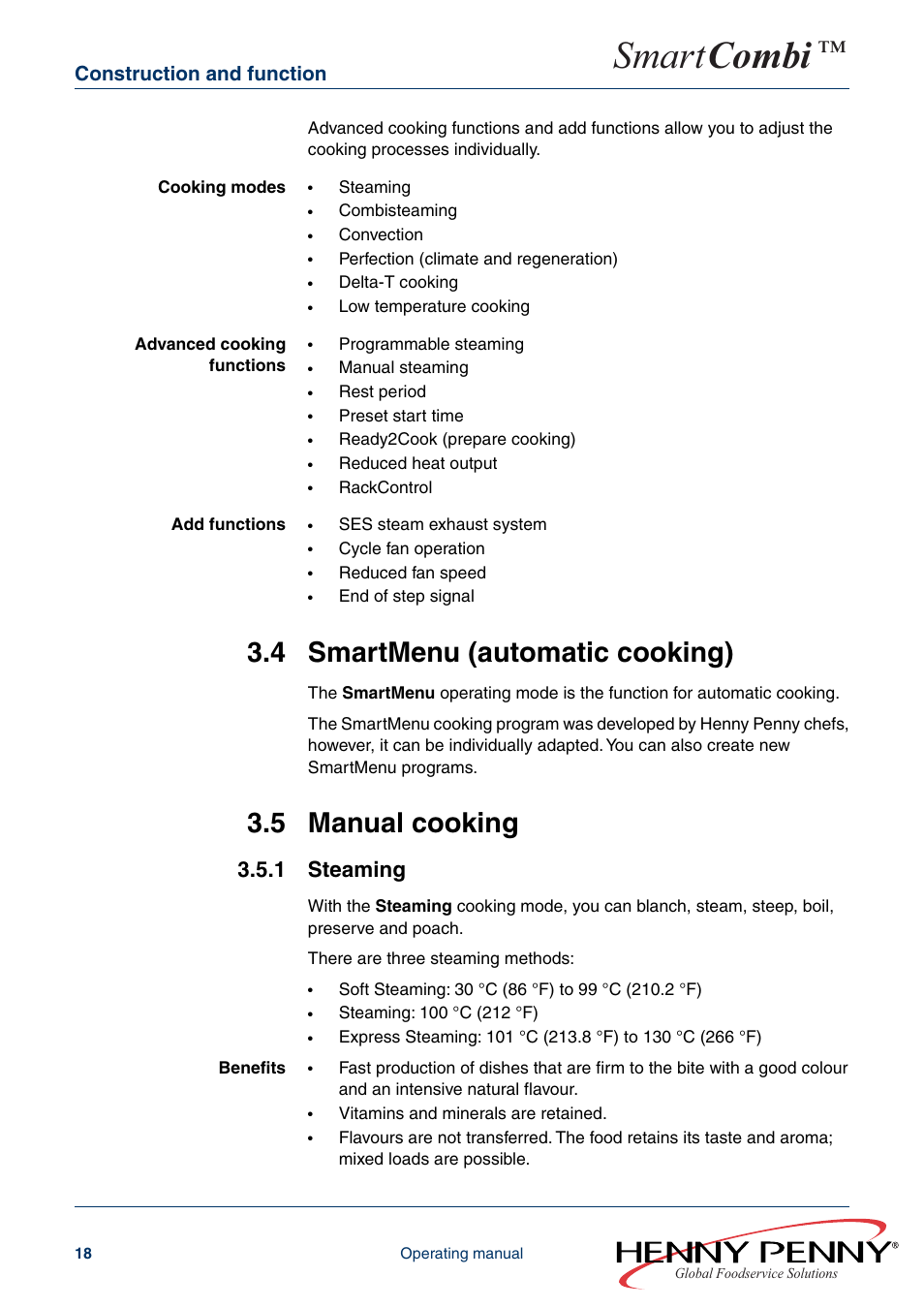 4 smartmenu (automatic cooking), 5 manual cooking, 1 steaming | Smart combi, Construction and function | Henny Penny SMART COMBI FM05-061-A User Manual | Page 18 / 80