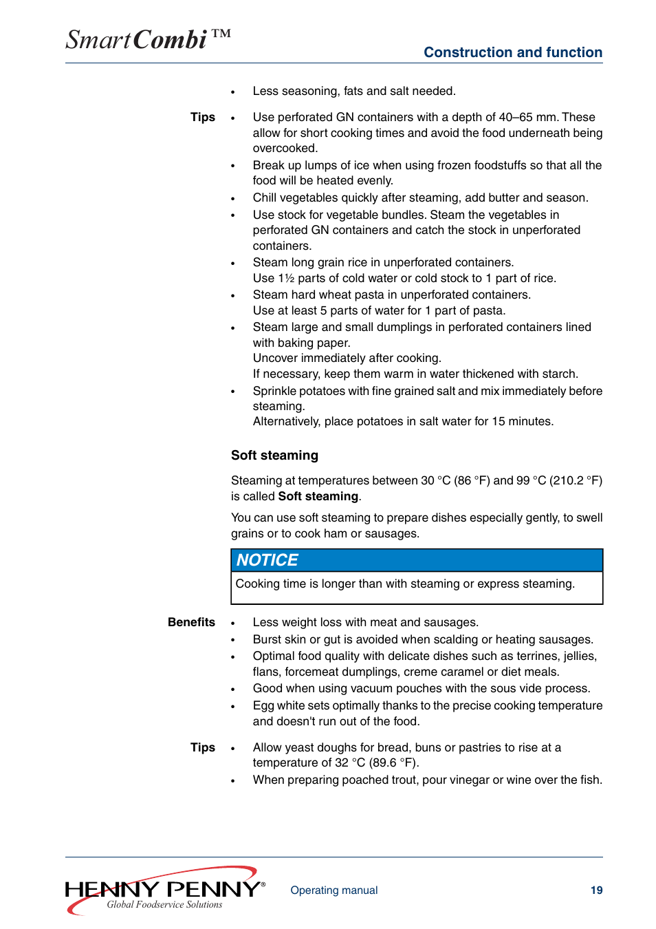 Smart combi, Notice, Construction and function | Soft steaming | Henny Penny SMART COMBI FM05-061-A User Manual | Page 19 / 80