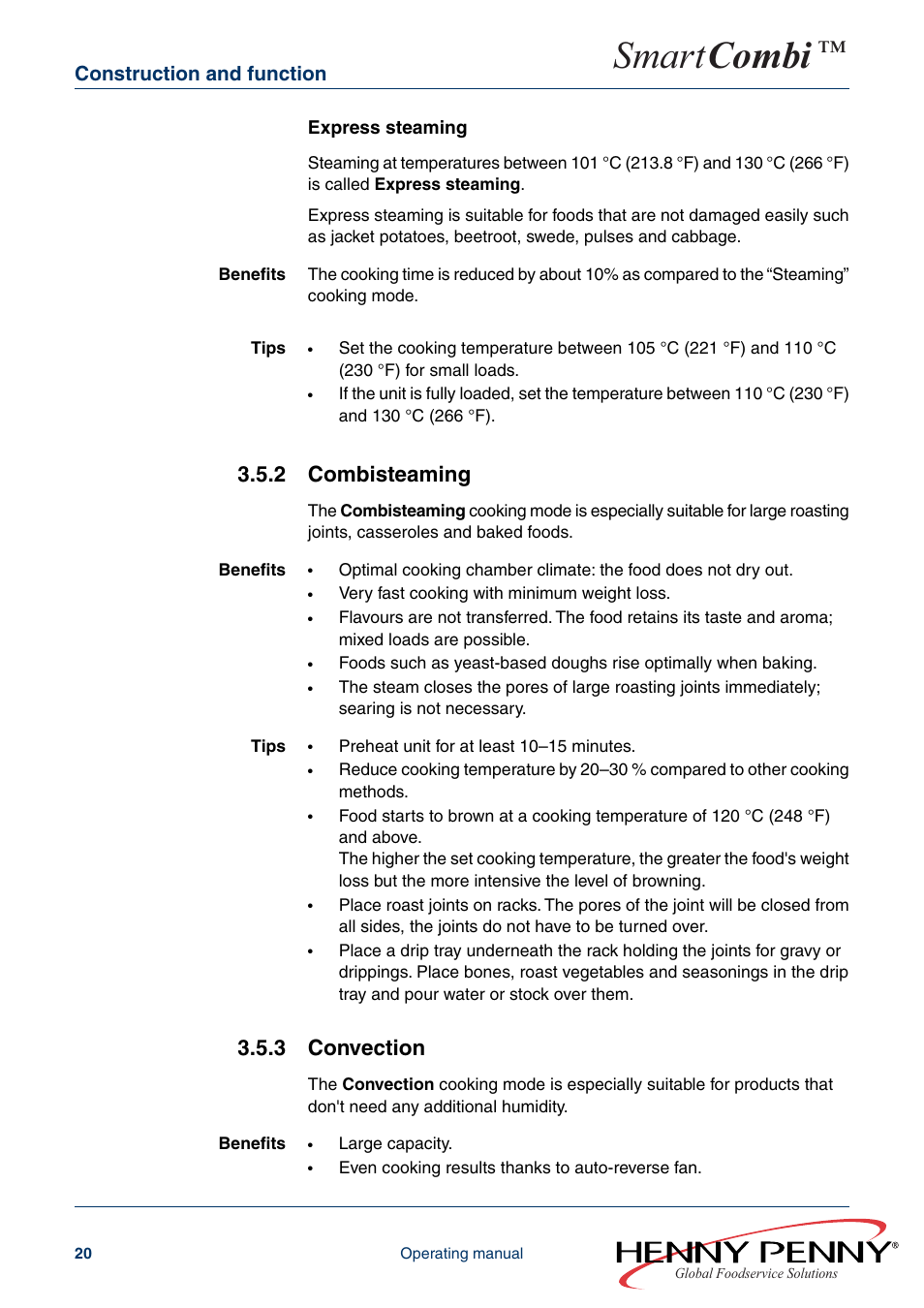 2 combisteaming, 3 convection, Smart combi | Construction and function, Express steaming | Henny Penny SMART COMBI FM05-061-A User Manual | Page 20 / 80