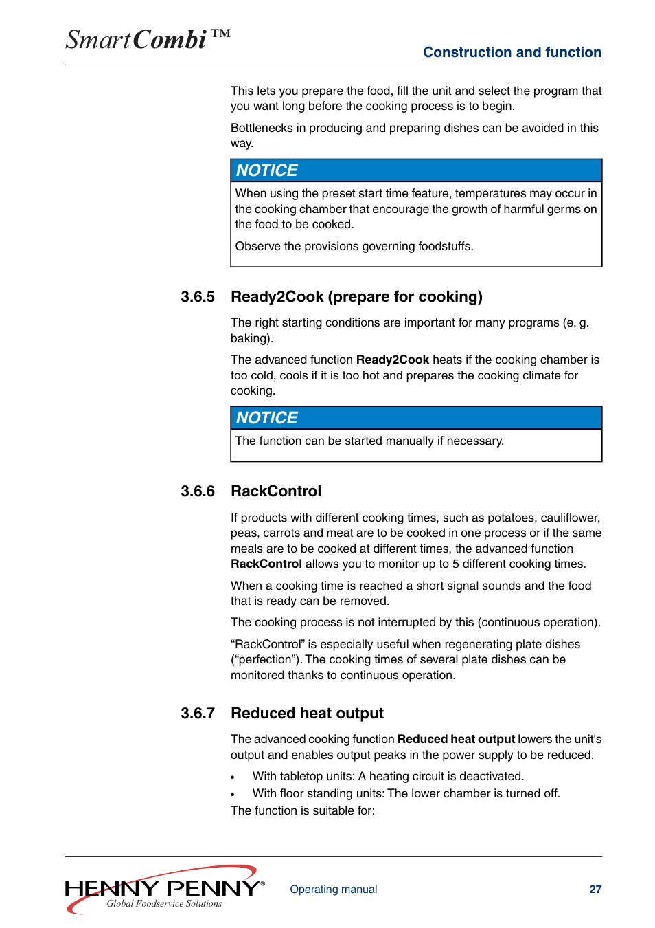 5 ready2cook (prepare for cooking), 6 rackcontrol, 7 reduced heat output | Smart combi, Notice | Henny Penny SMART COMBI FM05-061-A User Manual | Page 27 / 80