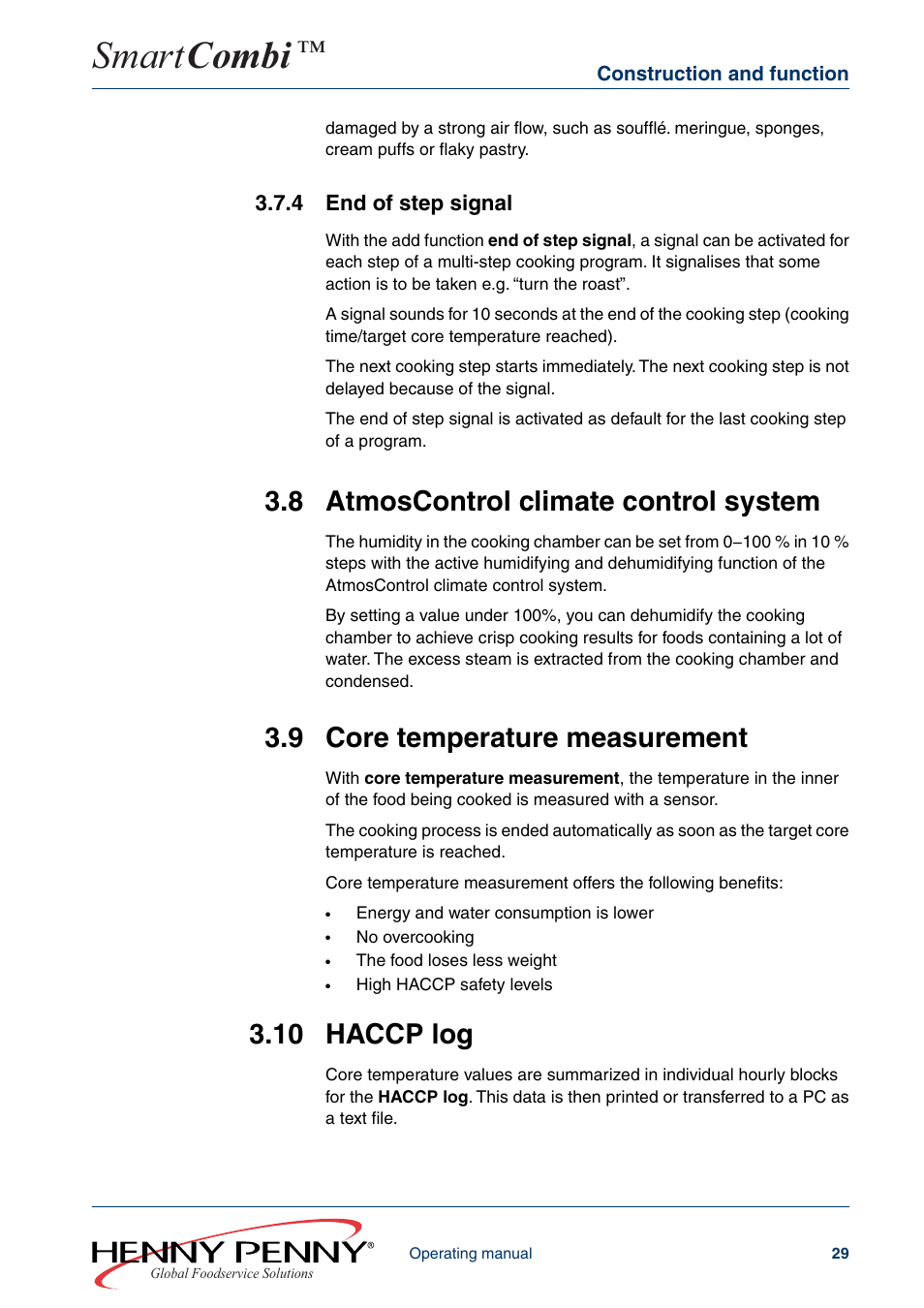 4 end of step signal, 8 atmoscontrol climate control system, 9 core temperature measurement | 10 haccp log, Smart combi | Henny Penny SMART COMBI FM05-061-A User Manual | Page 29 / 80