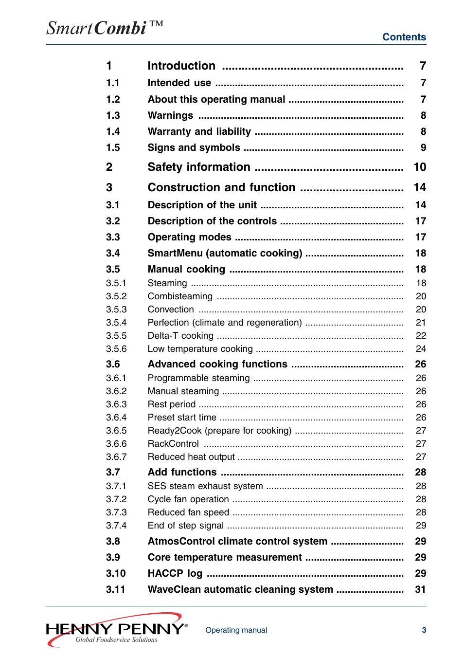Smart combi, 7introduction, 10 safety information 14 construction and function | Henny Penny SMART COMBI FM05-061-A User Manual | Page 3 / 80
