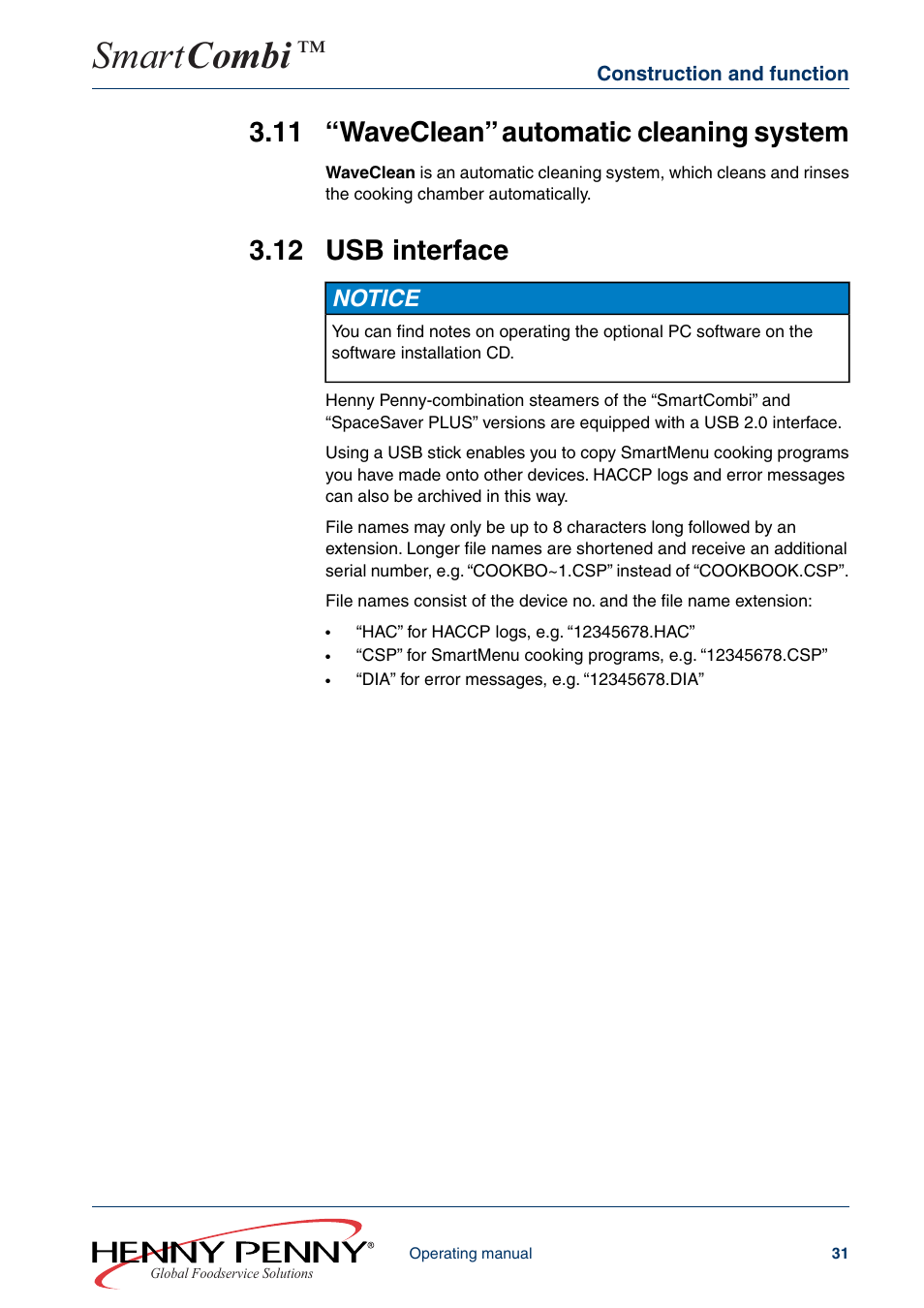 11 waveclean automatic cleaning system, 12 usb interface, Smart combi | 11 “waveclean” automatic cleaning system, Notice | Henny Penny SMART COMBI FM05-061-A User Manual | Page 31 / 80