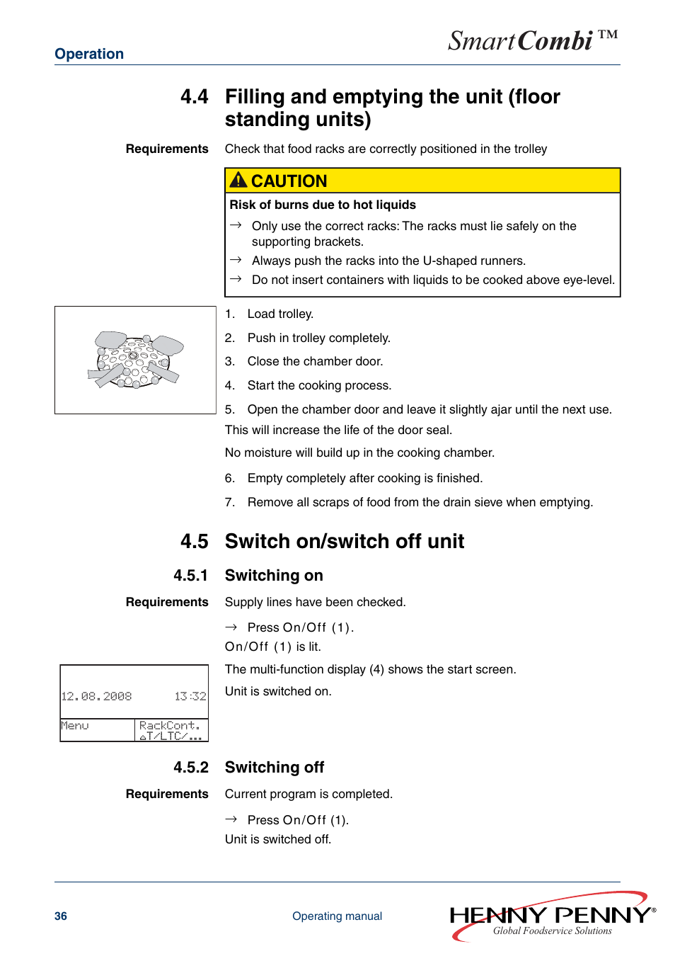 5 switch on/switch off unit, 1 switching on, 2 switching off | Smart combi, Caution | Henny Penny SMART COMBI FM05-061-A User Manual | Page 36 / 80