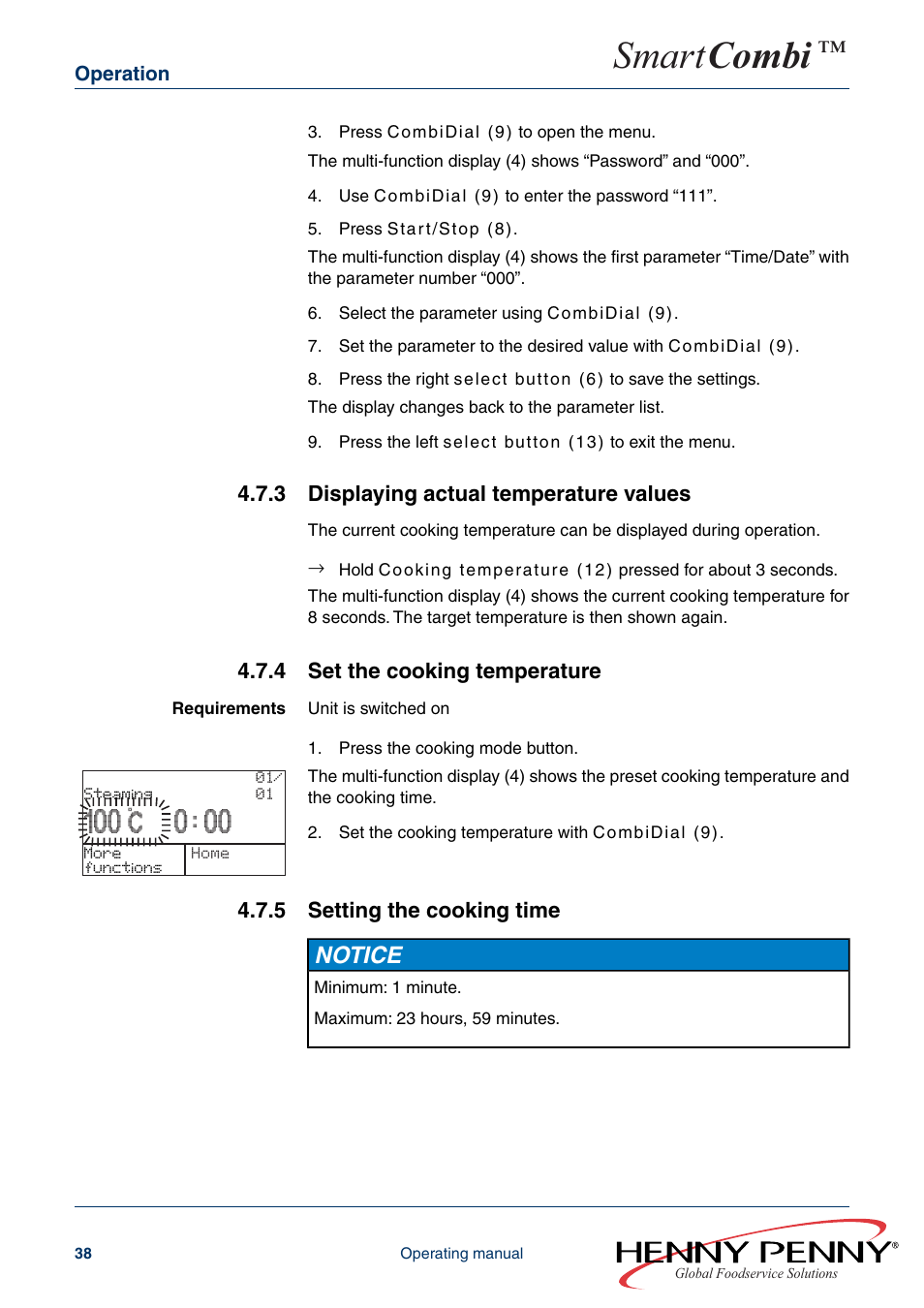 3 displaying actual temperature values, 4 set the cooking temperature, 5 setting the cooking time | Smart combi, Notice | Henny Penny SMART COMBI FM05-061-A User Manual | Page 38 / 80