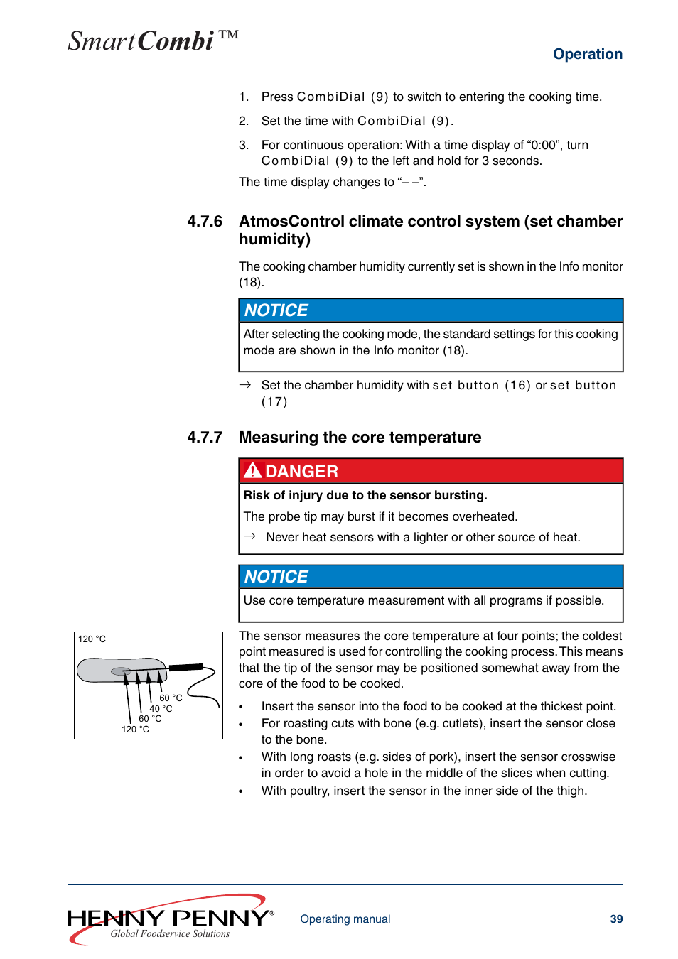 7 measuring the core temperature, Smart combi, Notice | Danger | Henny Penny SMART COMBI FM05-061-A User Manual | Page 39 / 80
