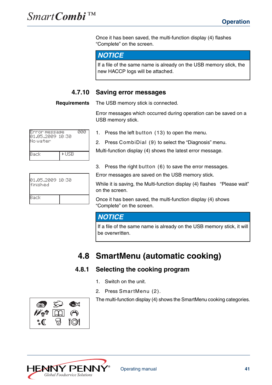 10 saving error messages, 8 smartmenu (automatic cooking), 1 selecting the cooking program | Smart combi, Notice | Henny Penny SMART COMBI FM05-061-A User Manual | Page 41 / 80