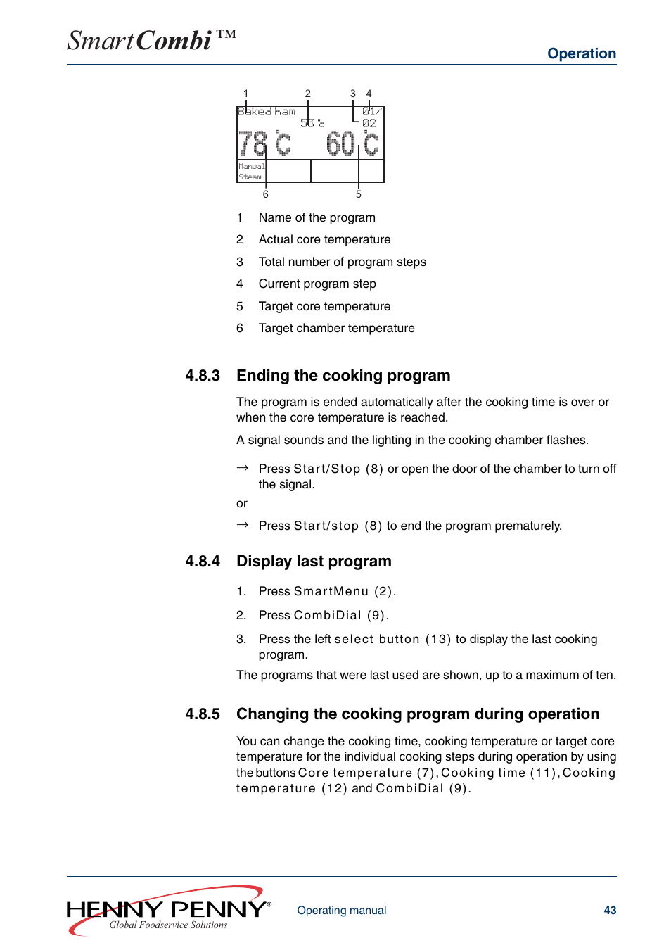 3 ending the cooking program, 4 display last program, 5 changing the cooking program during operation | 78 c 60 c, Smart combi | Henny Penny SMART COMBI FM05-061-A User Manual | Page 43 / 80