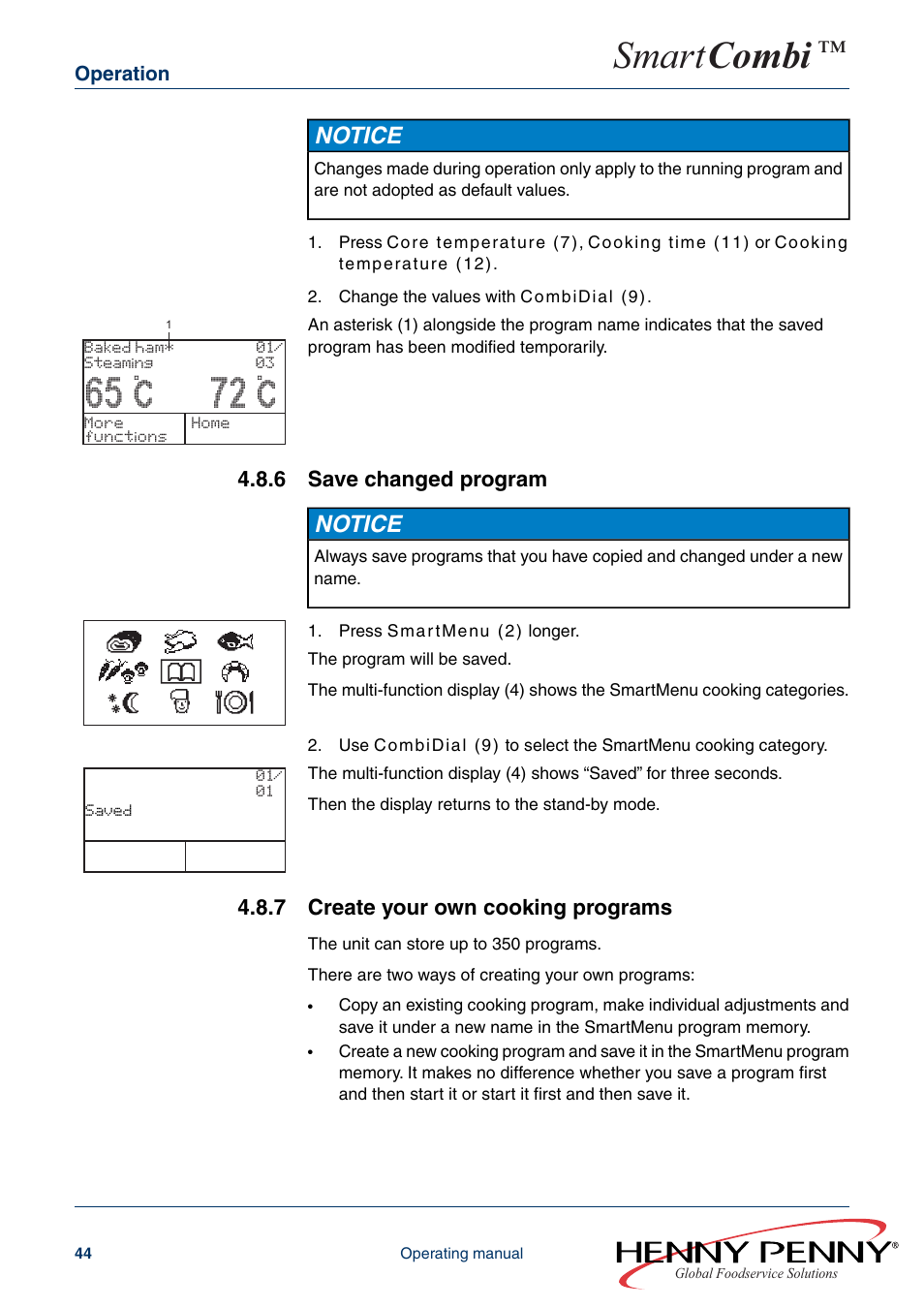 6 save changed program, 7 create your own cooking programs, 65 c 72 c | Smart combi, Notice | Henny Penny SMART COMBI FM05-061-A User Manual | Page 44 / 80