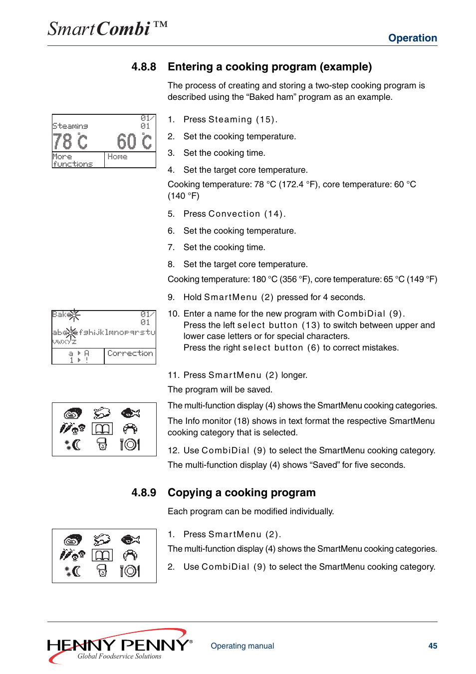 8 entering a cooking program (example), 9 copying a cooking program, 78 c 60 c | Smart combi | Henny Penny SMART COMBI FM05-061-A User Manual | Page 45 / 80