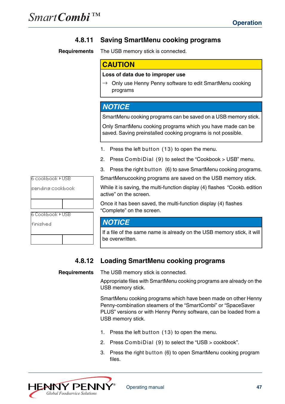11 saving smartmenu cooking programs, 12 loading smartmenu cooking programs, Smart combi | Caution, Notice | Henny Penny SMART COMBI FM05-061-A User Manual | Page 47 / 80