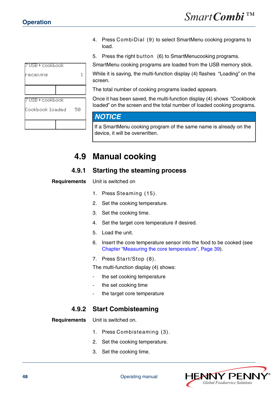 9 manual cooking, 1 starting the steaming process, 2 start combisteaming | Smart combi, Notice | Henny Penny SMART COMBI FM05-061-A User Manual | Page 48 / 80