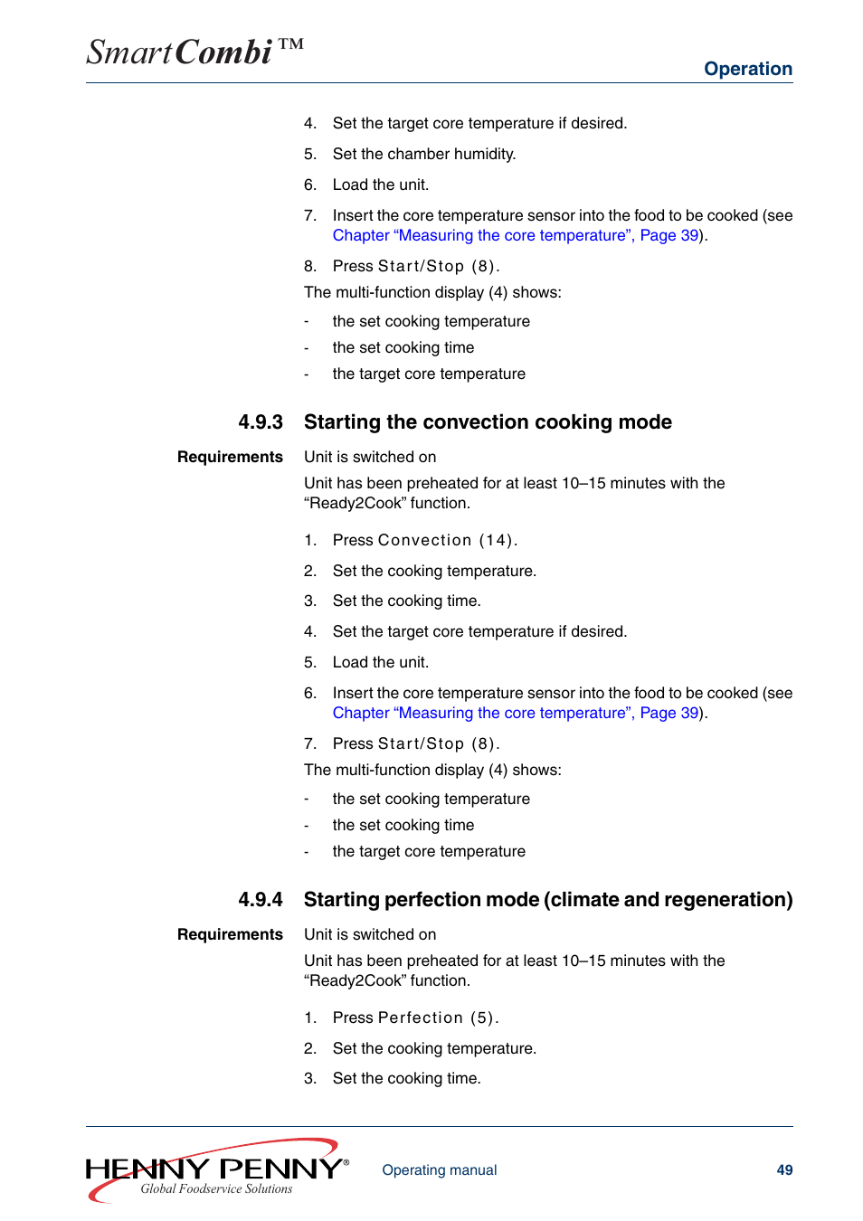 3 starting the convection cooking mode, Smart combi | Henny Penny SMART COMBI FM05-061-A User Manual | Page 49 / 80
