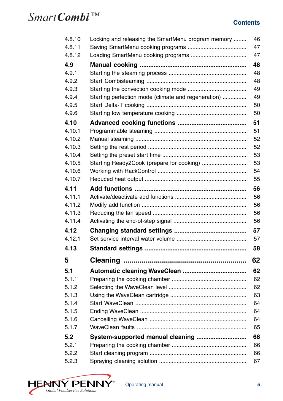 Smart combi, 62 cleaning | Henny Penny SMART COMBI FM05-061-A User Manual | Page 5 / 80