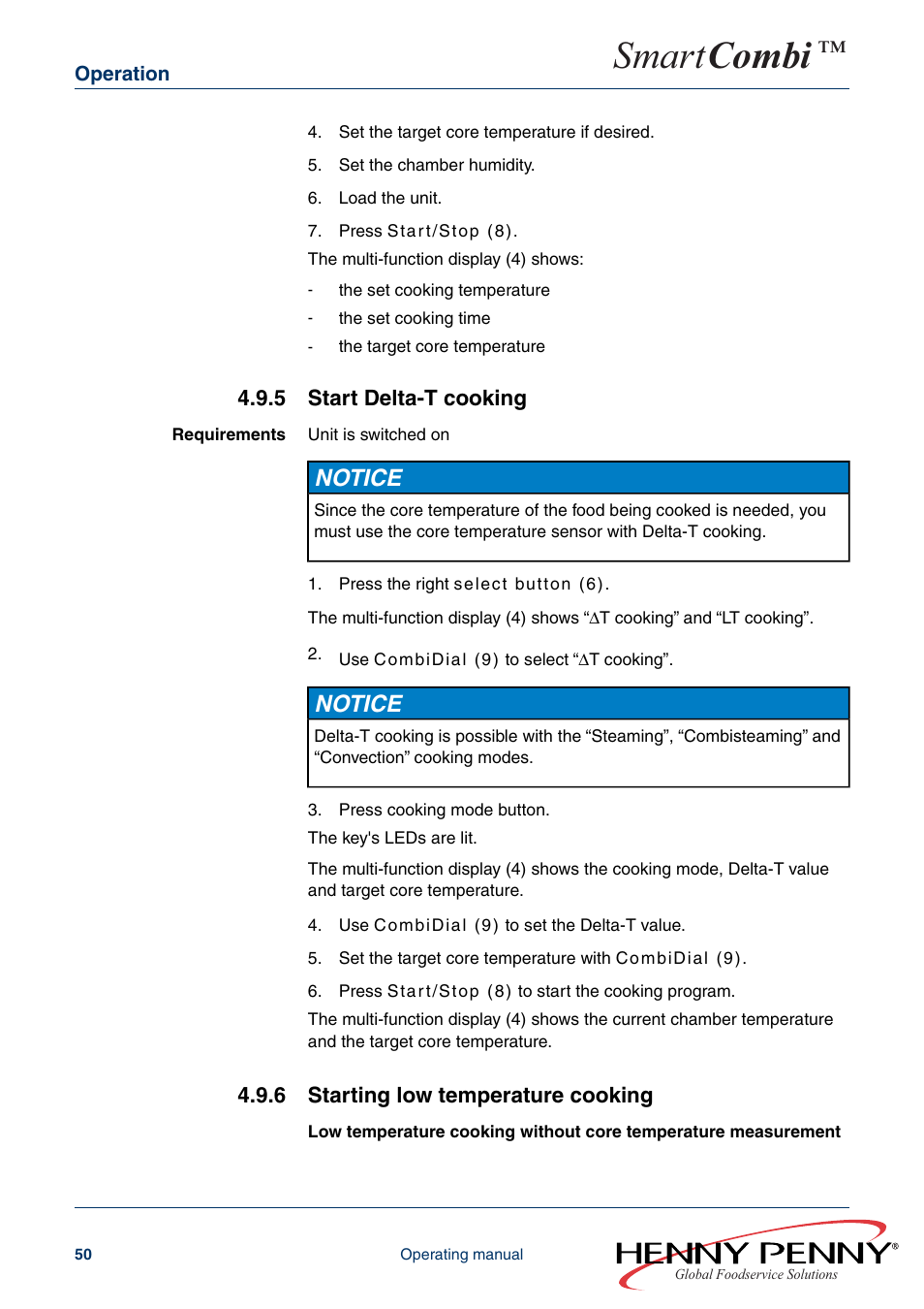 5 start delta-t cooking, 6 starting low temperature cooking, Smart combi | Notice | Henny Penny SMART COMBI FM05-061-A User Manual | Page 50 / 80