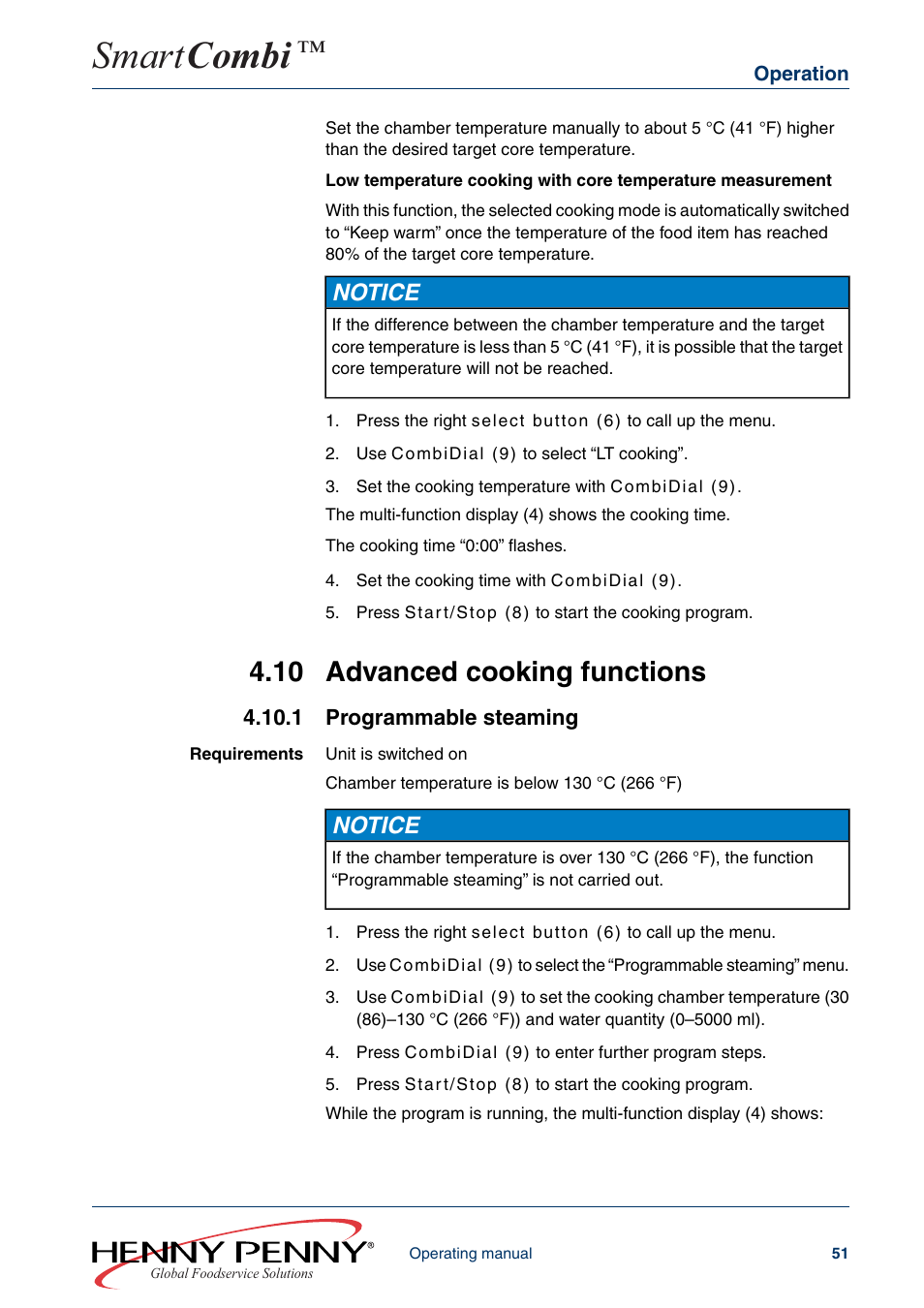 10 advanced cooking functions, 1 programmable steaming, Smart combi | Notice | Henny Penny SMART COMBI FM05-061-A User Manual | Page 51 / 80